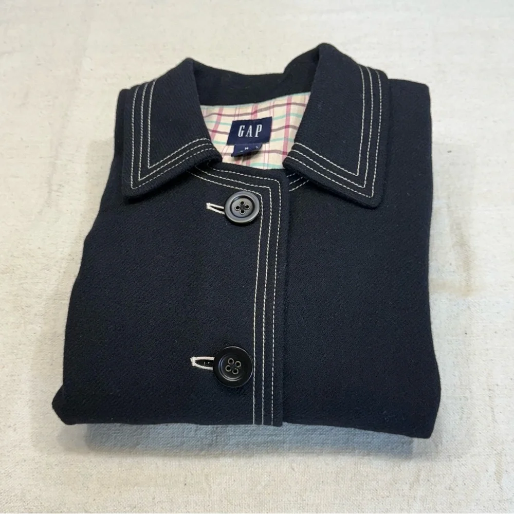 GAP Jacket Black Wool Blend Collared White Stitch Trim Pockets Lined Size Med - Picture 15 of 16